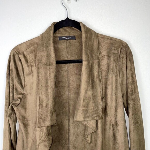 Romeo + Juliet Couture Taupe Green Drape Open Front Jacket Brushed Faux Suede M - Picture 2 of 8